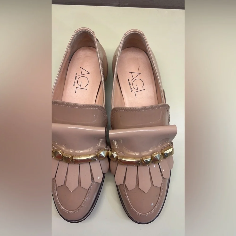 AGL MADE IN ITALY LEATHER Elegant Women's Loafers in Pink with Gold Accents - Picture 3 of 5